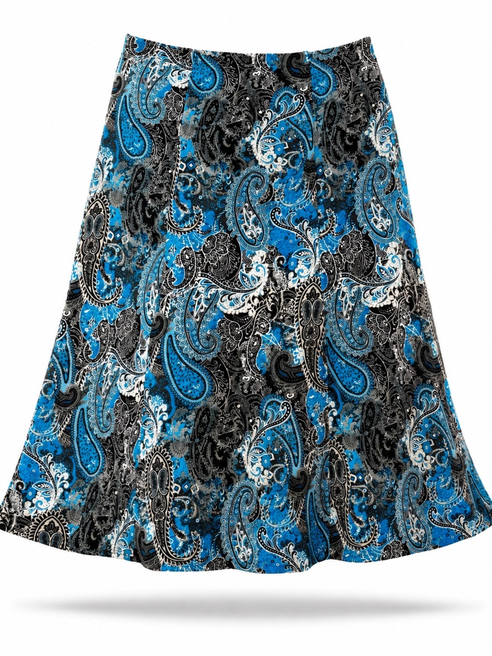 Susan Graver Blue, Black & Cream Paisley A-Line Skirt